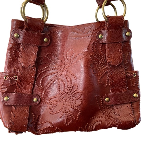 Kooba Sienna Dark Brown Leather Whip Stitched Embossed Floral Shoulder Bag EUC - Picture 2 of 16